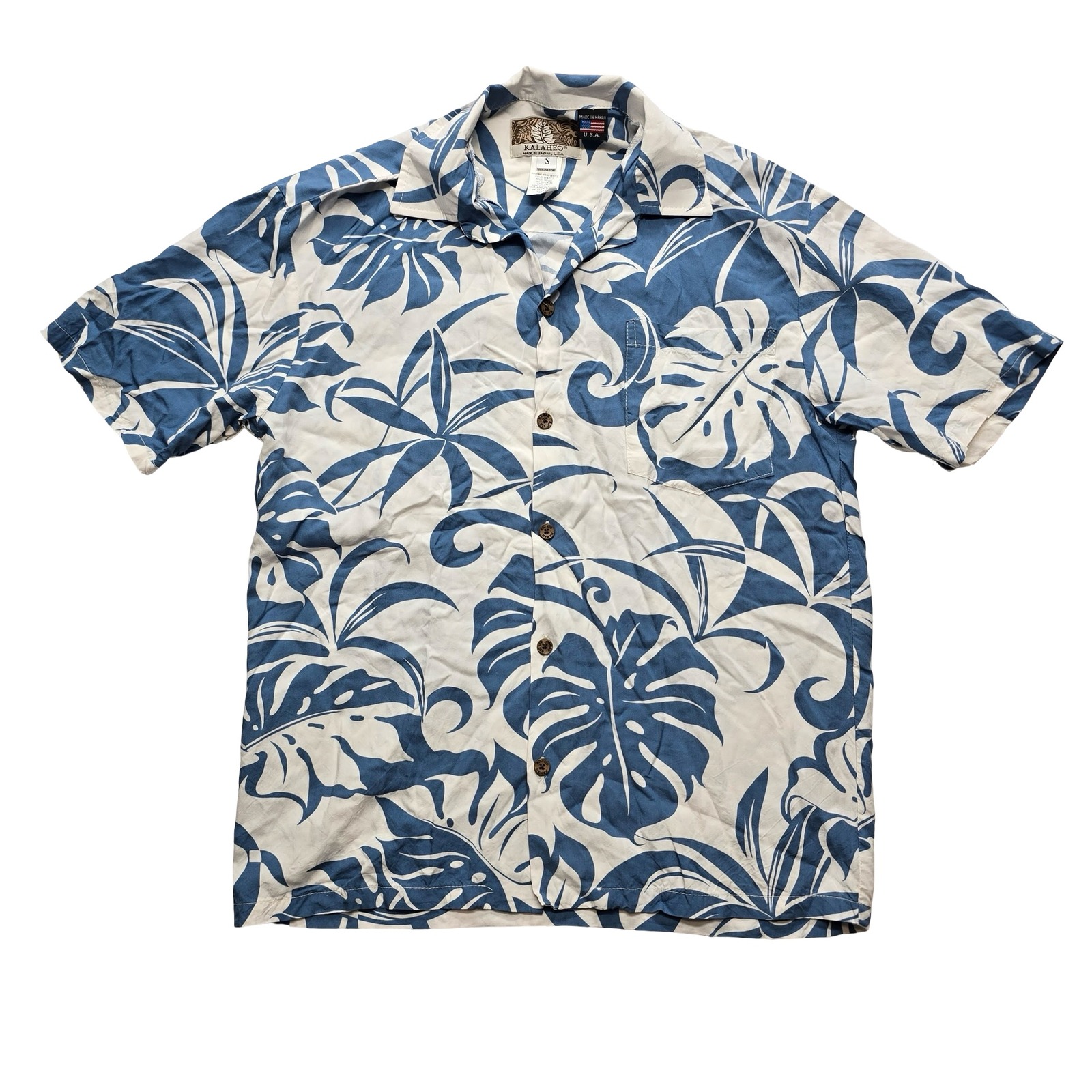 Kalaheo Hawaiian Shirt Tropical Rayon Blue Cream Mens S
